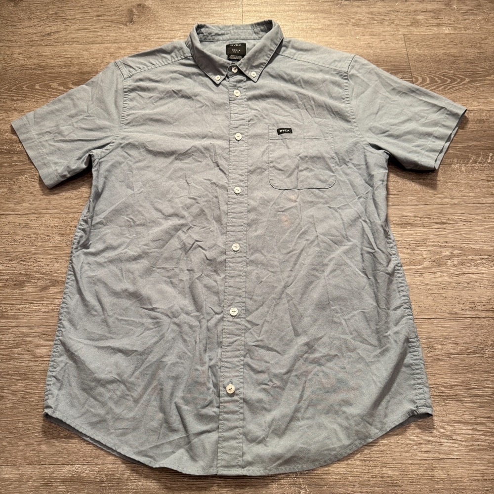 RVCA Shirt Mens Medium Blue Slim Fit Short Sleeve Button Up Skate Pocket‎ Surf